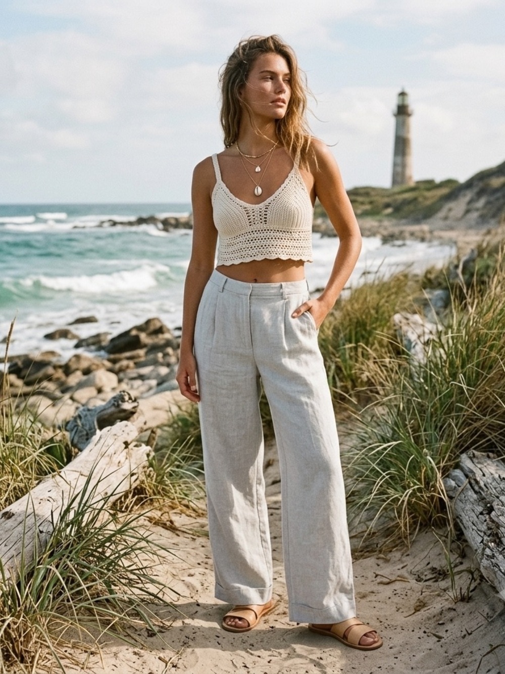 Vintage Y2K 100% Linen Gray Coastal Pleated Straight Leg Lagenlook Womens Pants